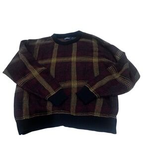 Vtg Van Heusen Plaid Crewneck Sweater Men's Lge Burgundy Black Grandpa Core 90s